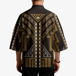 New Zealand Manta Ray Kimono Maori Tukutuku Taniko Motifs Gold