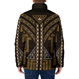 New Zealand Manta Ray Padded Jacket Maori Tukutuku Taniko Motifs Gold