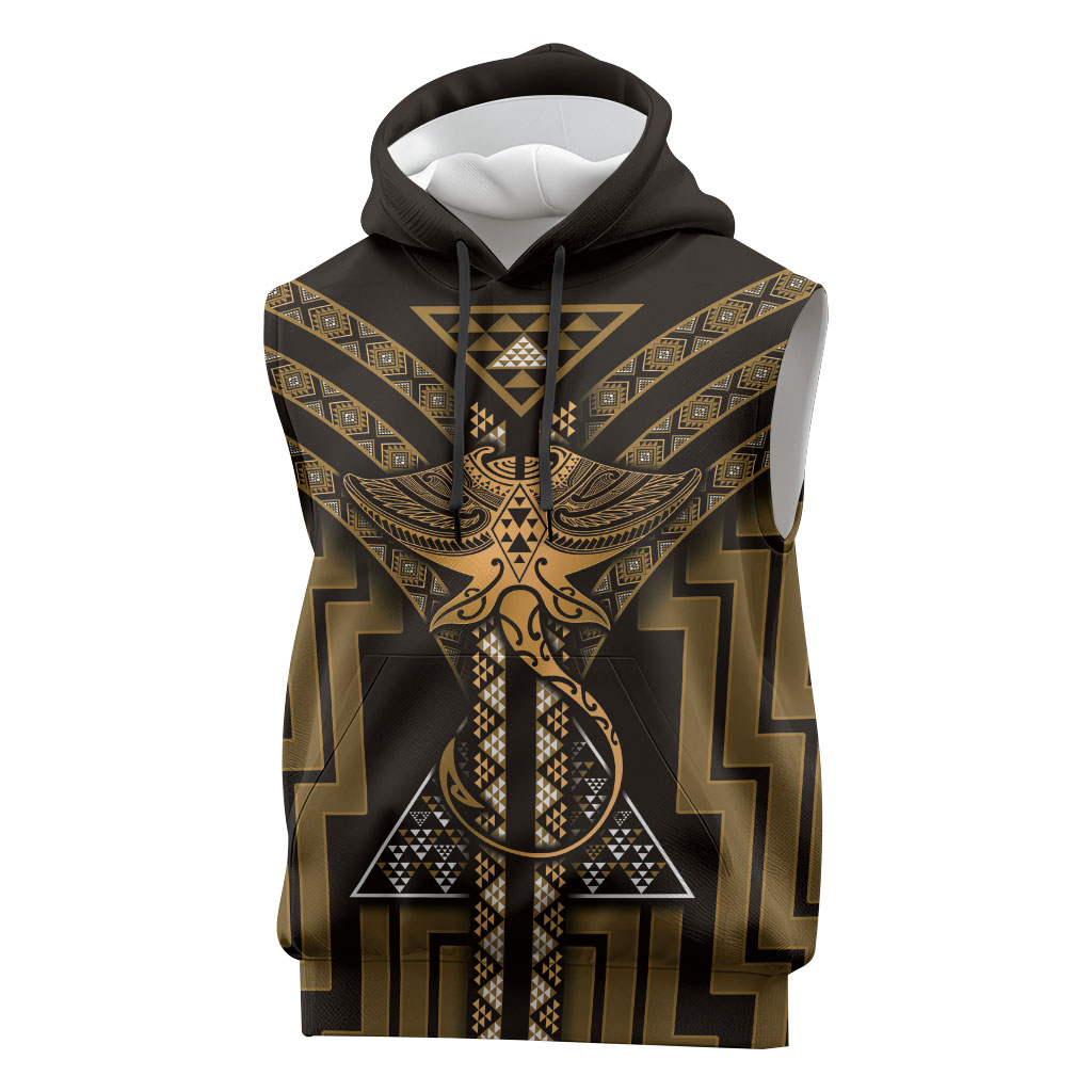 New Zealand Manta Ray Sleeveless Hoodie Maori Tukutuku Taniko Motifs Gold