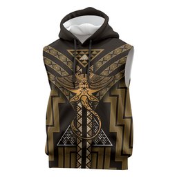 New Zealand Manta Ray Sleeveless Hoodie Maori Tukutuku Taniko Motifs Gold