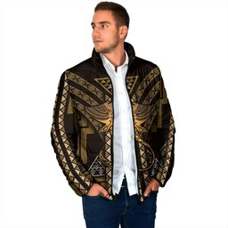 New Zealand Manta Ray Padded Jacket Maori Tukutuku Taniko Motifs Gold