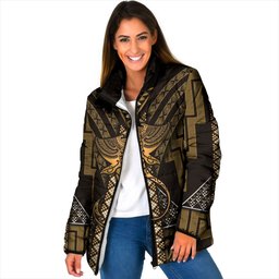 New Zealand Manta Ray Padded Jacket Maori Tukutuku Taniko Motifs Gold