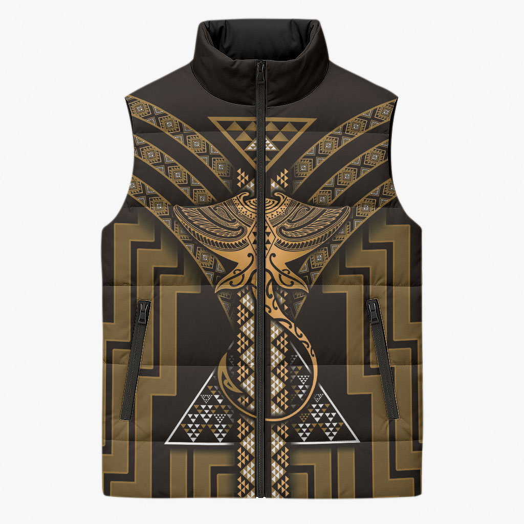 New Zealand Manta Ray Sleeveless Puffer Jacket Maori Tukutuku Taniko Motifs Gold