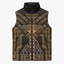 New Zealand Manta Ray Sleeveless Puffer Jacket Maori Tukutuku Taniko Motifs Gold