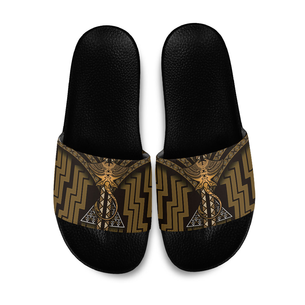 New Zealand Manta Ray Slide Sandals Maori Tukutuku Taniko Motifs Gold
