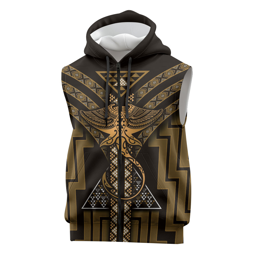 New Zealand Manta Ray Sleeveless Zip Hoodie Maori Tukutuku Taniko Motifs Gold