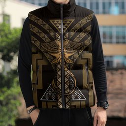 New Zealand Manta Ray Sleeveless Puffer Jacket Maori Tukutuku Taniko Motifs Gold