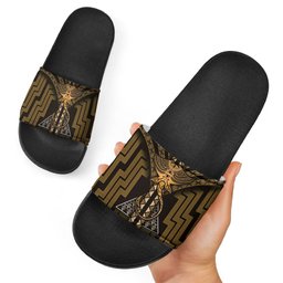 New Zealand Manta Ray Slide Sandals Maori Tukutuku Taniko Motifs Gold