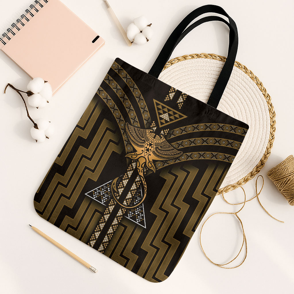 New Zealand Manta Ray Tote Bag Maori Tukutuku Taniko Motifs Gold