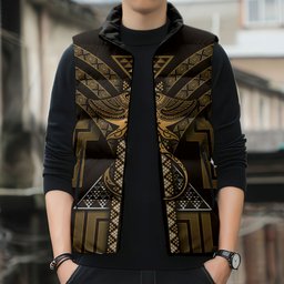New Zealand Manta Ray Sleeveless Puffer Jacket Maori Tukutuku Taniko Motifs Gold