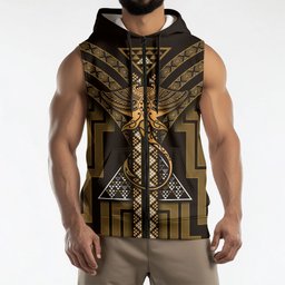 New Zealand Manta Ray Sleeveless Zip Hoodie Maori Tukutuku Taniko Motifs Gold