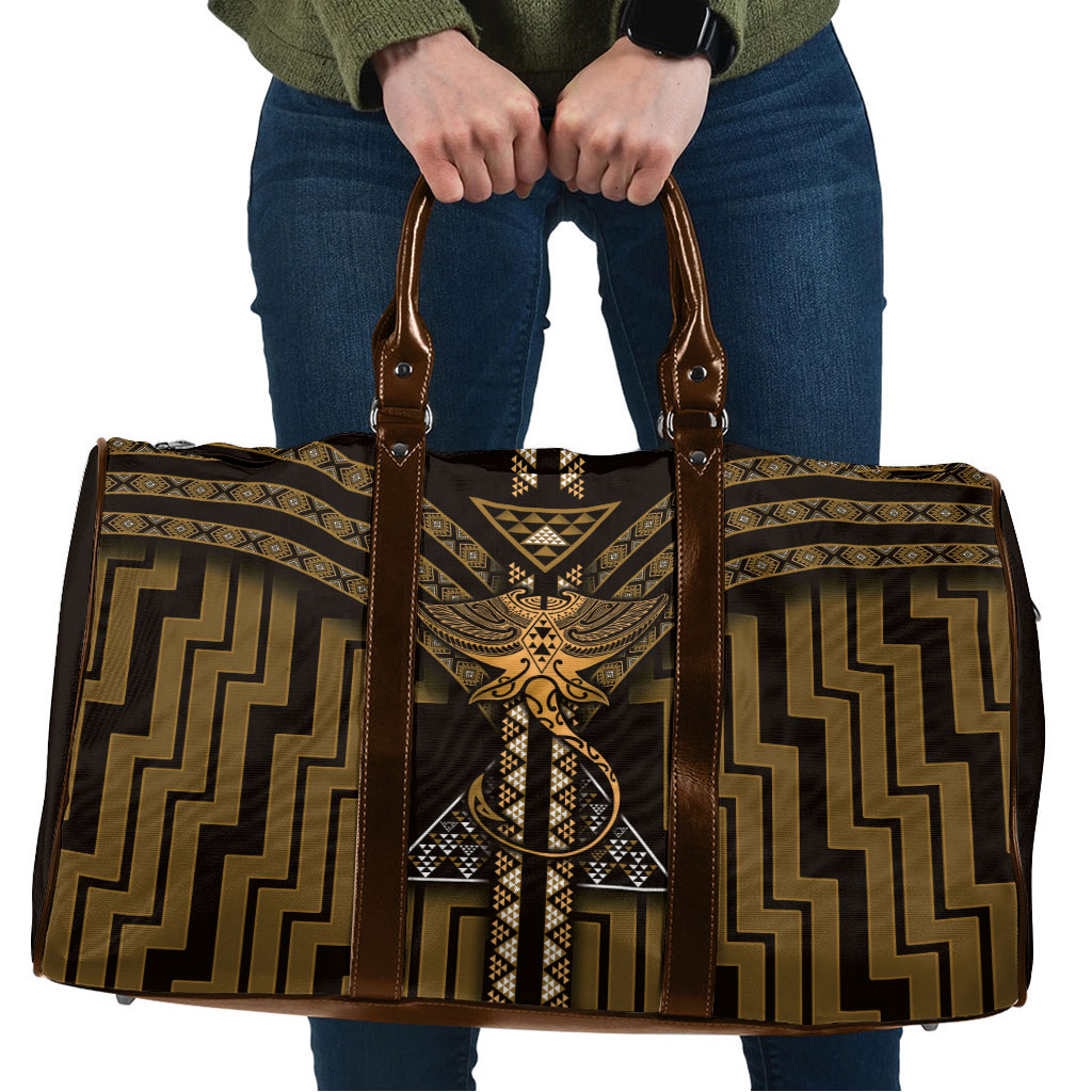 New Zealand Manta Ray Travel Bag Maori Tukutuku Taniko Motifs Gold