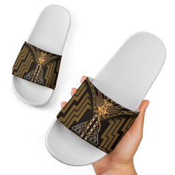 New Zealand Manta Ray Slide Sandals Maori Tukutuku Taniko Motifs Gold