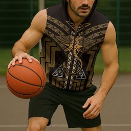 New Zealand Manta Ray Sleeveless Zip Hoodie Maori Tukutuku Taniko Motifs Gold