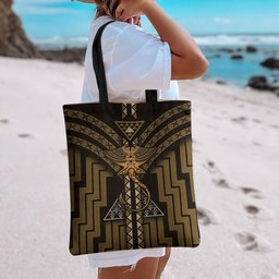 New Zealand Manta Ray Tote Bag Maori Tukutuku Taniko Motifs Gold