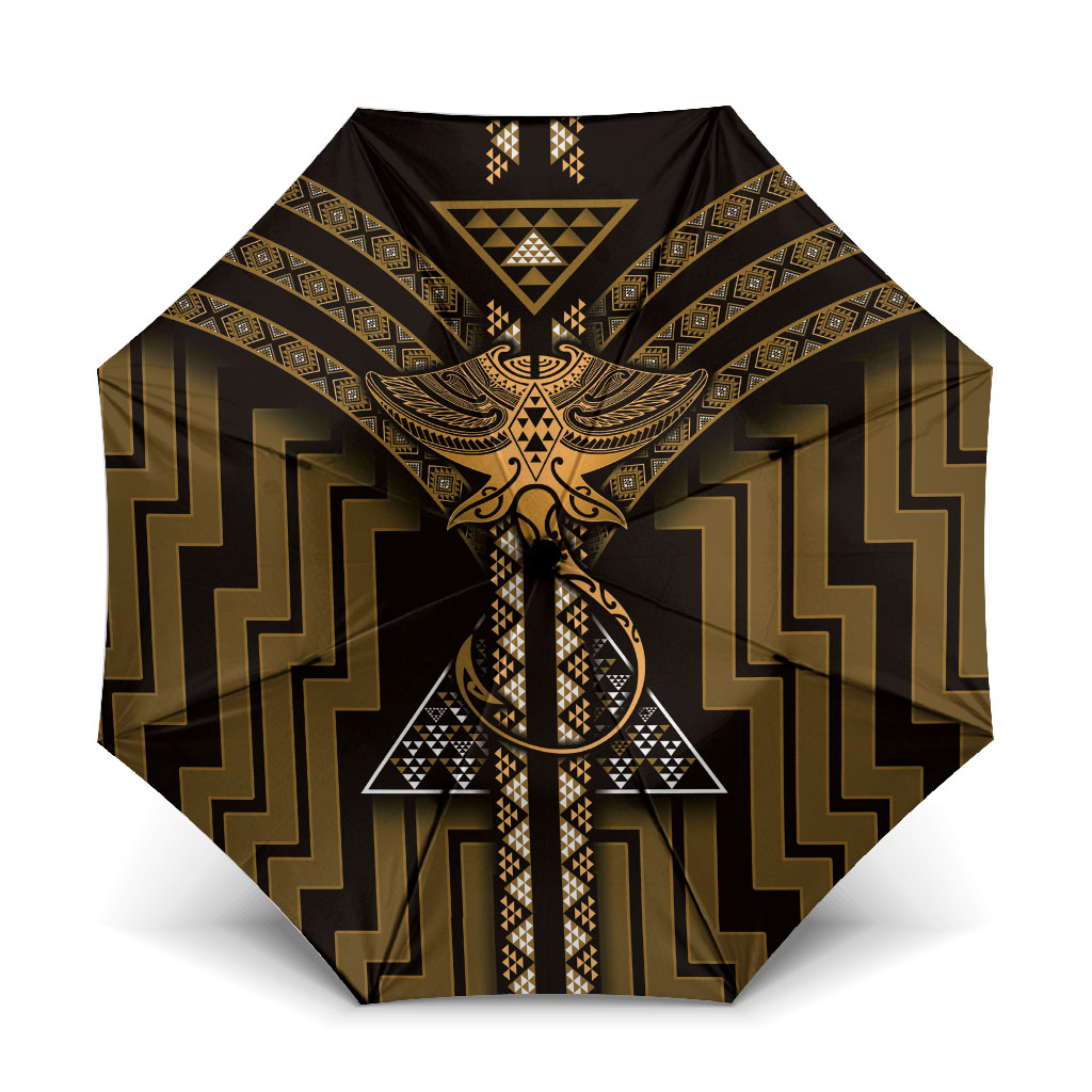 New Zealand Manta Ray Umbrella Maori Tukutuku Taniko Motifs Gold
