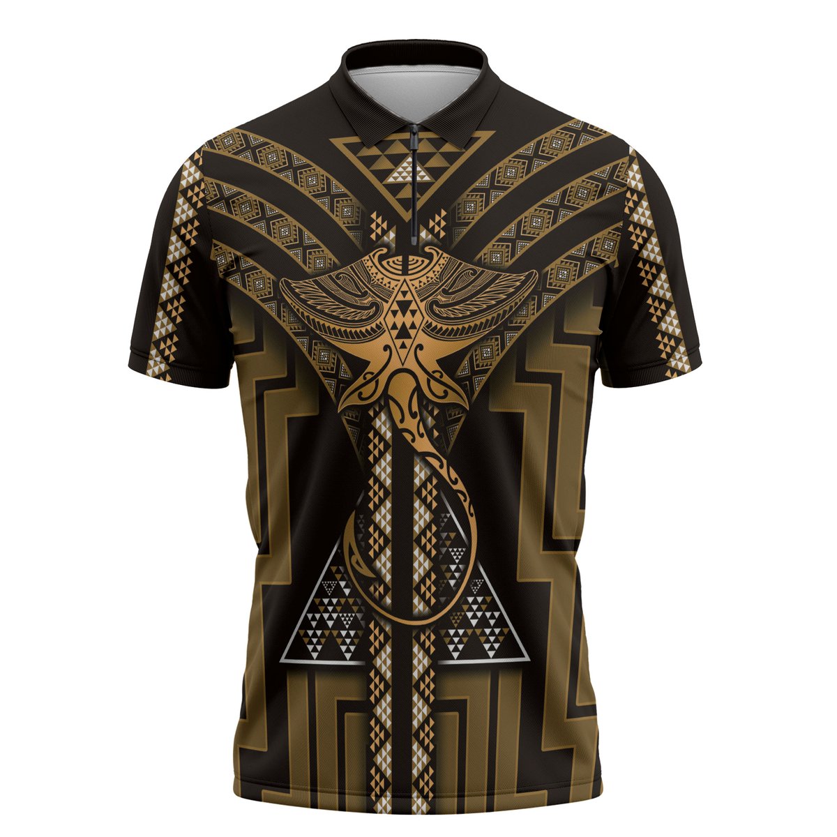 New Zealand Manta Ray Zipper Polo Shirt Maori Tukutuku Taniko Motifs Gold