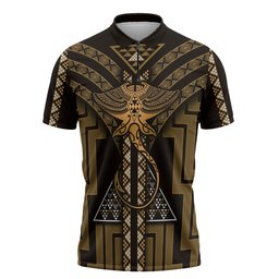 New Zealand Manta Ray Zipper Polo Shirt Maori Tukutuku Taniko Motifs Gold