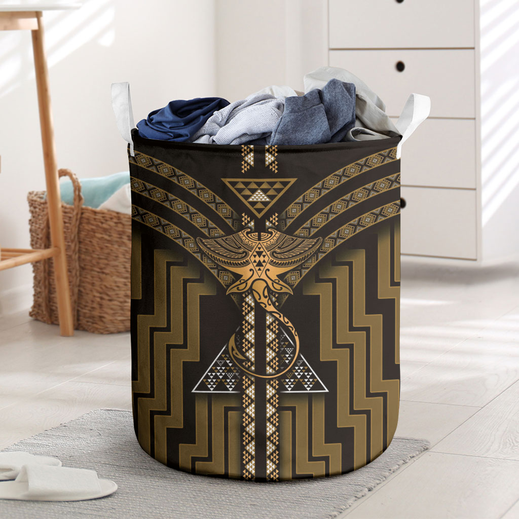 New Zealand Manta Ray Laundry Basket Maori Tukutuku Taniko Motifs Gold