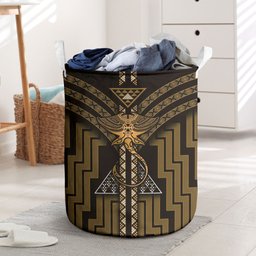 New Zealand Manta Ray Laundry Basket Maori Tukutuku Taniko Motifs Gold