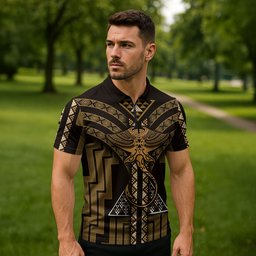 New Zealand Manta Ray Zipper Polo Shirt Maori Tukutuku Taniko Motifs Gold