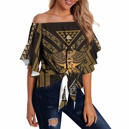 New Zealand Manta Ray Off Shoulder Wrap Waist Top Maori Tukutuku Taniko Motifs Gold