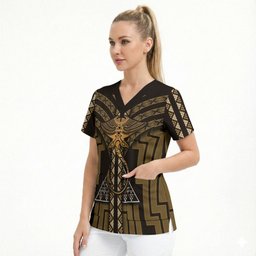 New Zealand Manta Ray Scrub Top Maori Tukutuku Taniko Motifs Gold
