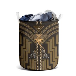 New Zealand Manta Ray Laundry Basket Maori Tukutuku Taniko Motifs Gold