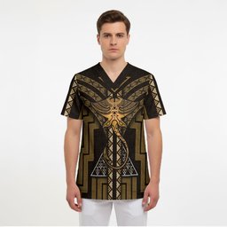 New Zealand Manta Ray Scrub Top Maori Tukutuku Taniko Motifs Gold
