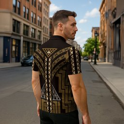 New Zealand Manta Ray Zipper Polo Shirt Maori Tukutuku Taniko Motifs Gold