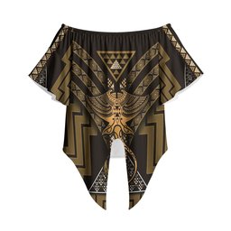 New Zealand Manta Ray Off Shoulder Wrap Waist Top Maori Tukutuku Taniko Motifs Gold