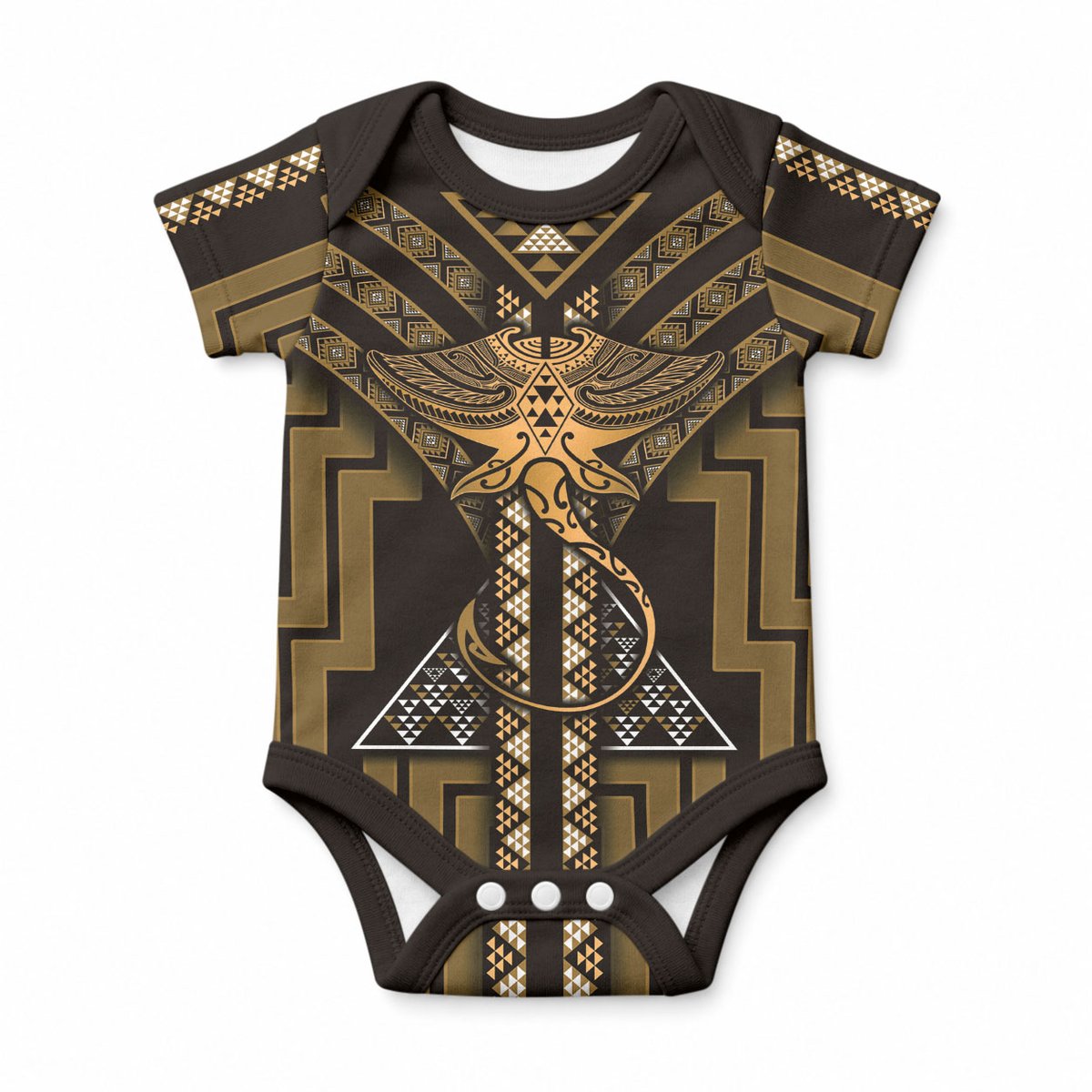 New Zealand Manta Ray Baby Onesie Maori Tukutuku Taniko Motifs Gold