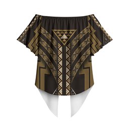 New Zealand Manta Ray Off Shoulder Wrap Waist Top Maori Tukutuku Taniko Motifs Gold