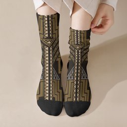 New Zealand Manta Ray Crew Socks Maori Tukutuku Taniko Motifs Gold