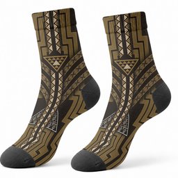 New Zealand Manta Ray Crew Socks Maori Tukutuku Taniko Motifs Gold