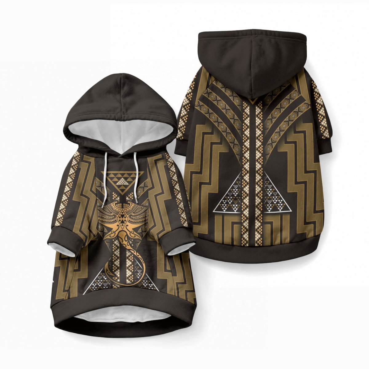 New Zealand Manta Ray Pet Hoodie Maori Tukutuku Taniko Motifs Gold