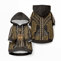 New Zealand Manta Ray Pet Hoodie Maori Tukutuku Taniko Motifs Gold
