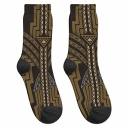 New Zealand Manta Ray Crew Socks Maori Tukutuku Taniko Motifs Gold