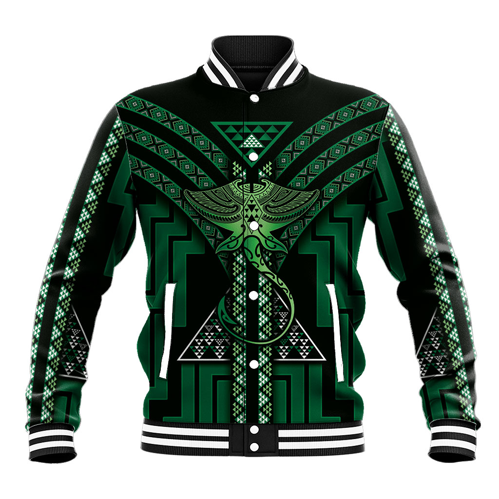 New Zealand Manta Ray Baseball Jacket Maori Tukutuku Taniko Motifs Green