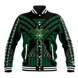 New Zealand Manta Ray Baseball Jacket Maori Tukutuku Taniko Motifs Green