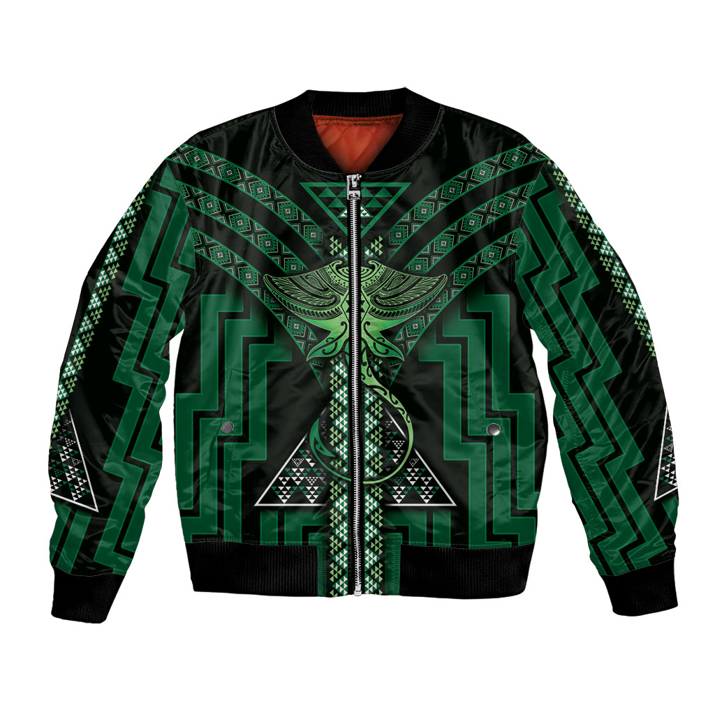New Zealand Manta Ray Bomber Jacket Maori Tukutuku Taniko Motifs Green