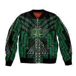 New Zealand Manta Ray Bomber Jacket Maori Tukutuku Taniko Motifs Green