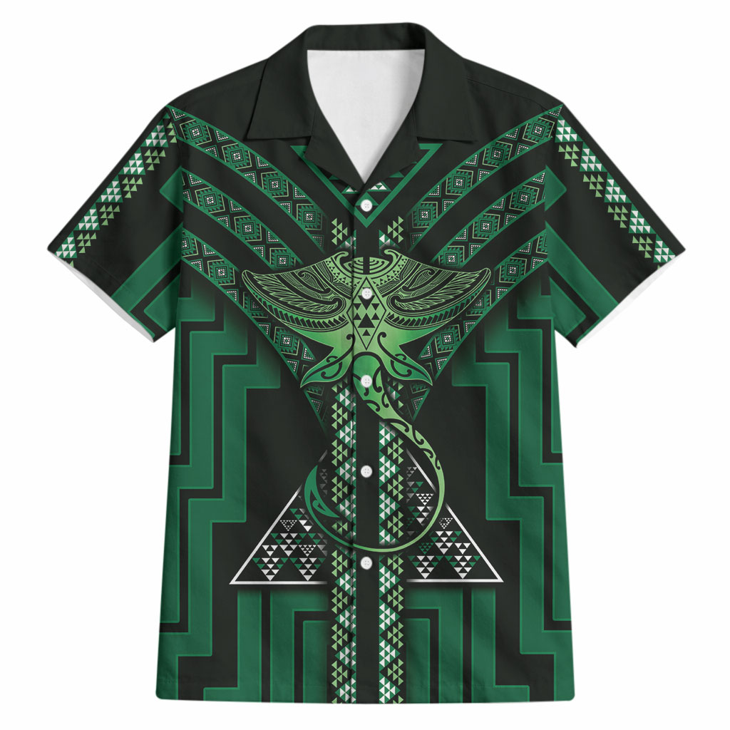 New Zealand Manta Ray Hawaiian Shirt Maori Tukutuku Taniko Motifs Green
