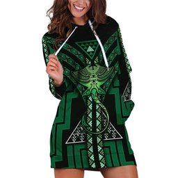 New Zealand Manta Ray Hoodie Dress Maori Tukutuku Taniko Motifs Green