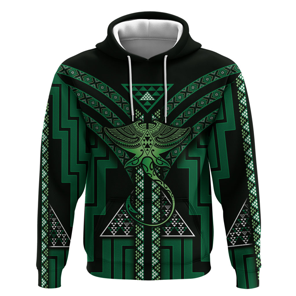 New Zealand Manta Ray Hoodie Maori Tukutuku Taniko Motifs Green