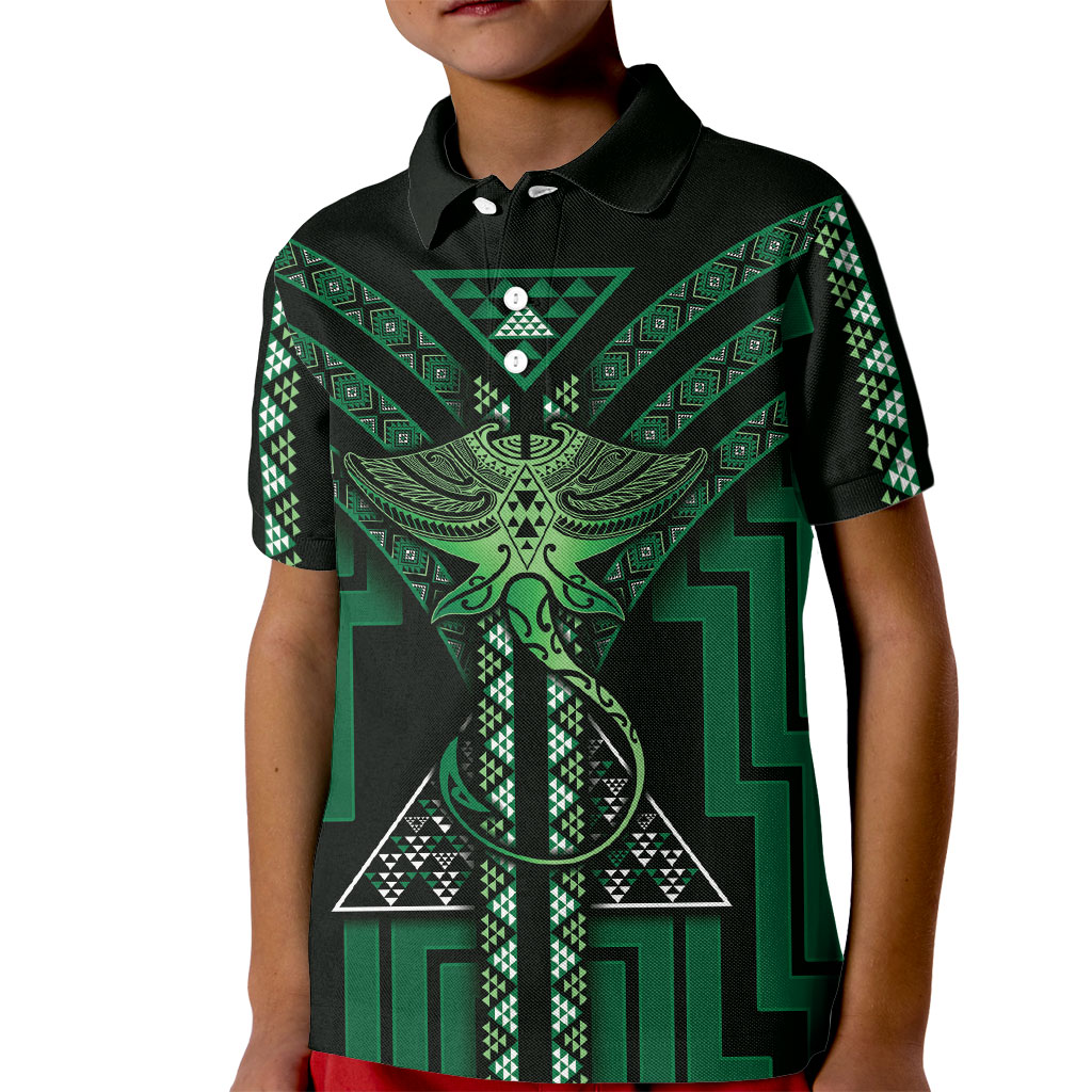 New Zealand Manta Ray Kid Polo Shirt Maori Tukutuku Taniko Motifs Green