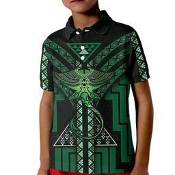 New Zealand Manta Ray Kid Polo Shirt Maori Tukutuku Taniko Motifs Green