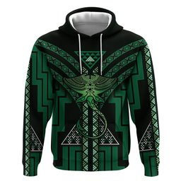 New Zealand Manta Ray Zip Hoodie Maori Tukutuku Taniko Motifs Green