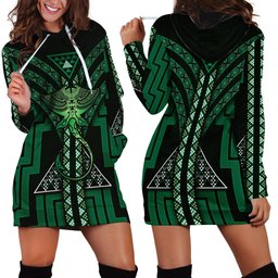 New Zealand Manta Ray Hoodie Dress Maori Tukutuku Taniko Motifs Green