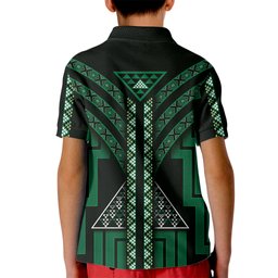 New Zealand Manta Ray Kid Polo Shirt Maori Tukutuku Taniko Motifs Green